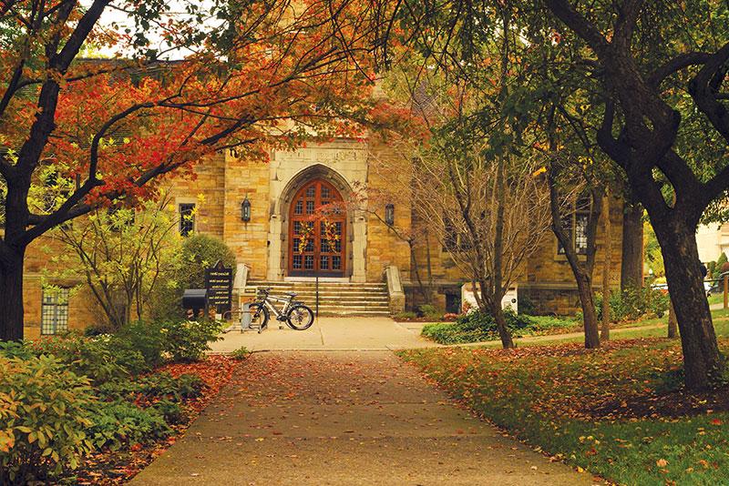 The doors of McCartney Library in the fall